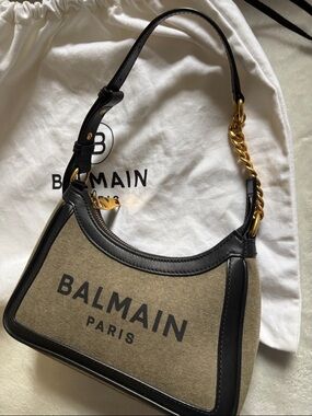 Balmain Black & Beige Canvas Shoulder Bag with Gold Chain